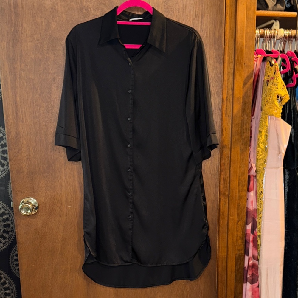 Black satin like button down Mini Dress